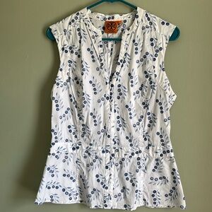 Tory Burch Blue Cherry Peplum Sleeveless Top